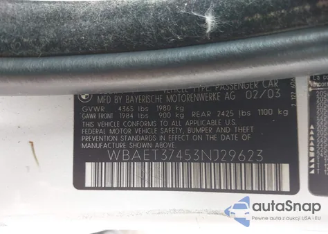 2003 BMW 325I z USA, uszkodzony, nr VIN WBAET37453NJ29623